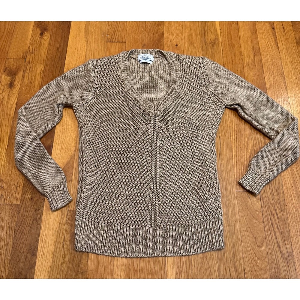 Wallace Women Metallic Gold V-Neck Knit Sweater Shimmer Long Sleeve Small